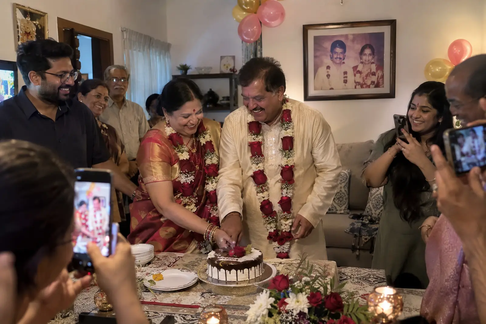 Parents in garlands cut a cake on their 25th anniversary as their children film on phones