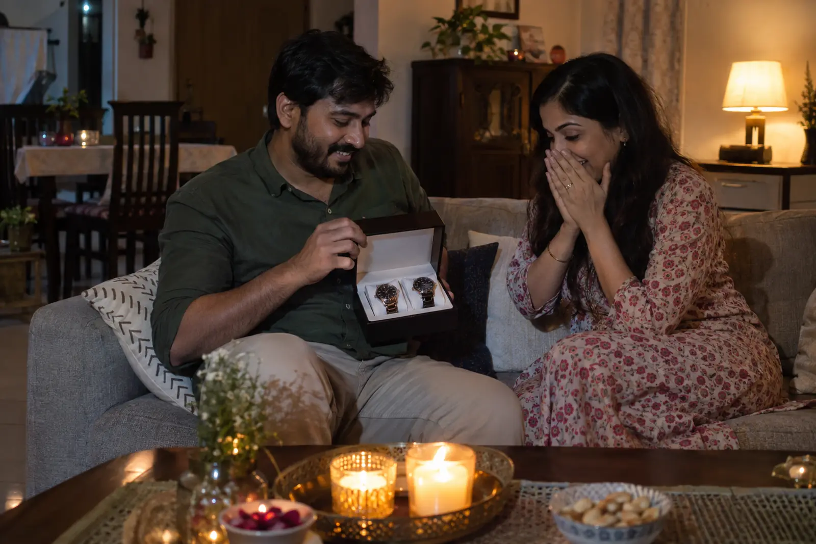 A husband on the sofa opens a box with two matching wristwatches as candles burn on the table
