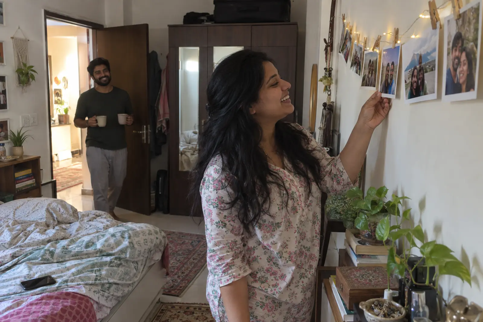 A woman laughs at a string of printed couple photos on her bedroom wall as her husband brings two cups of chai