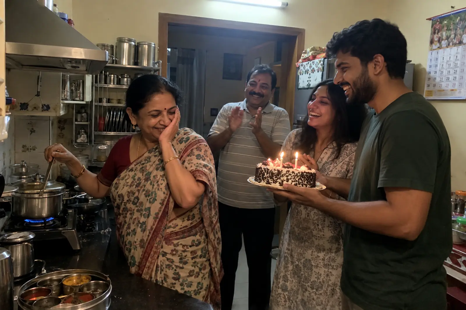 A mother laughs with a ladle in hand as her grown children surprise her in the kitchen with a birthday cake