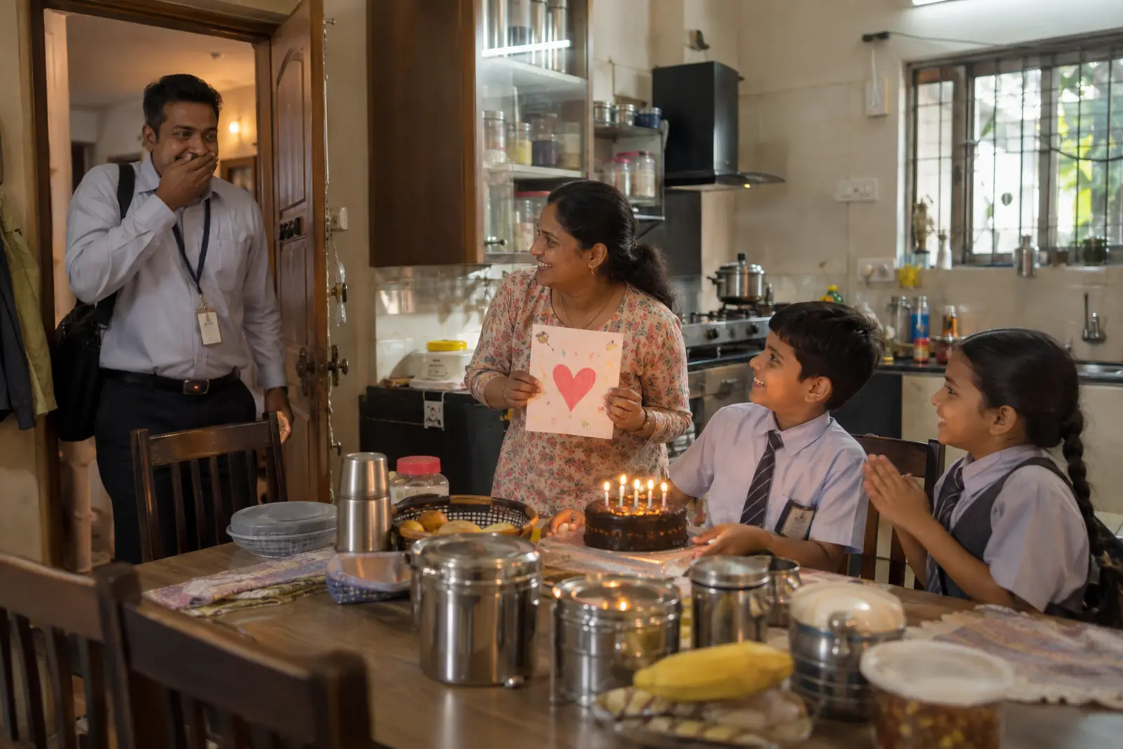 A husband in office clothes stops in the kitchen doorway as his wife and children surprise him with a cake and a card