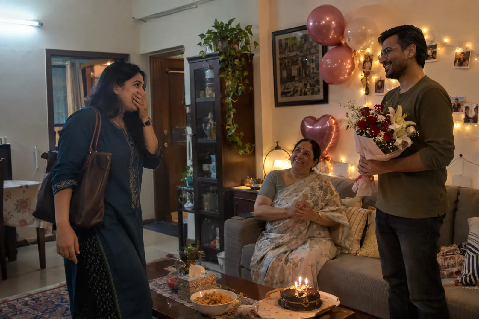 A woman back from work covers her mouth at a decorated living room as her husband holds flowers and her mother-in-law smiles