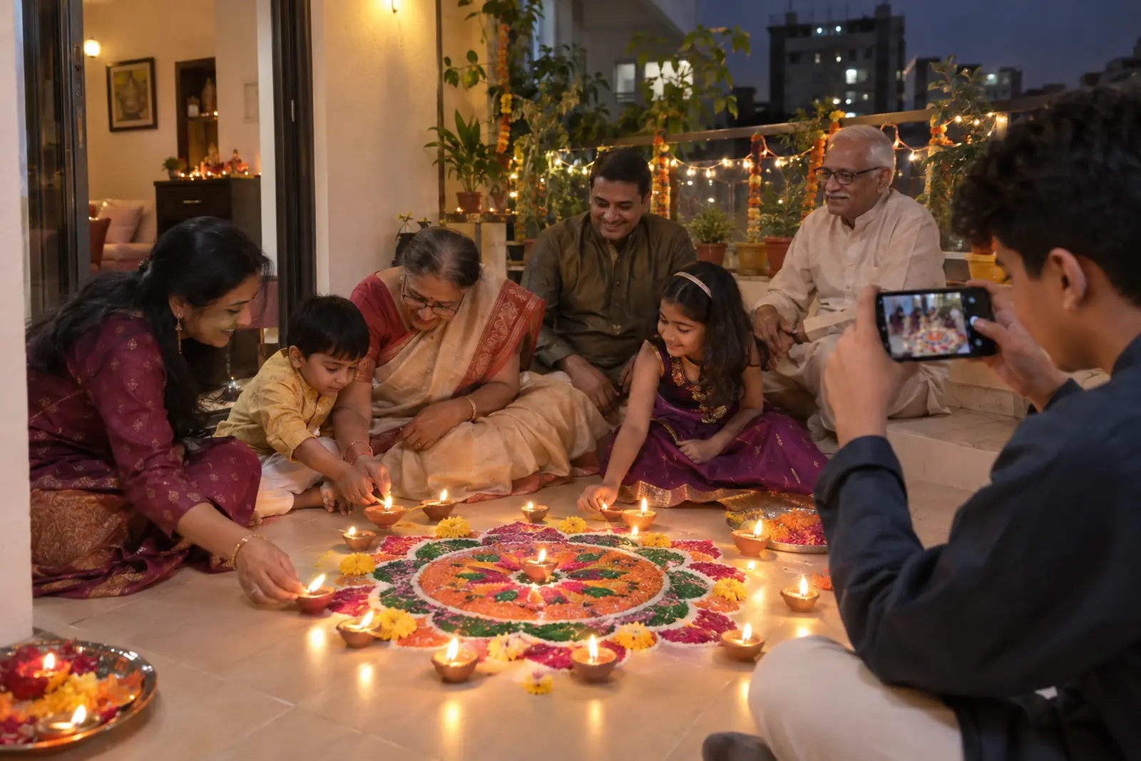 Three generations light clay diyas around a rangoli on a balcony on Diwali evening