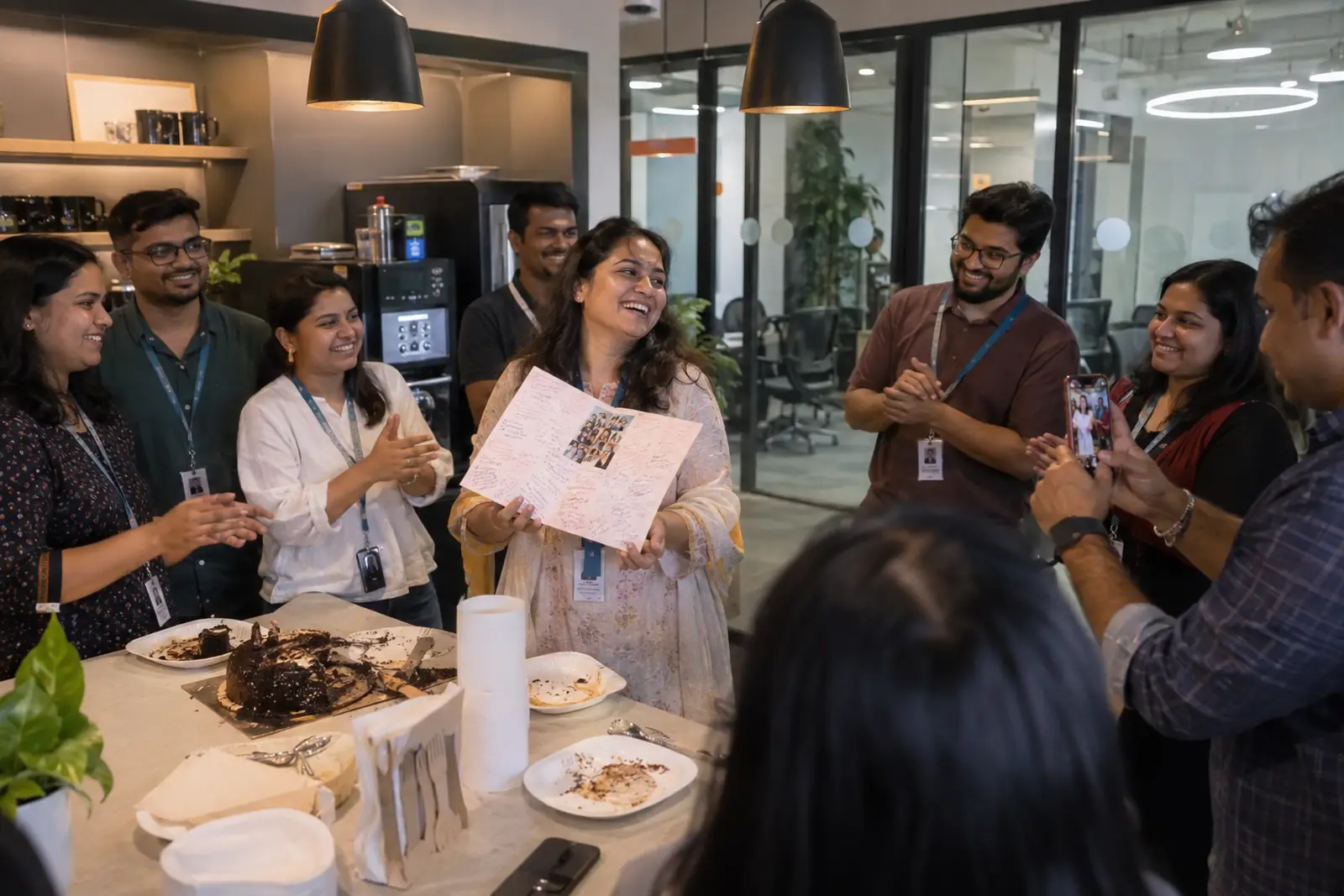 Colleagues with ID lanyards gather around a woman holding a large signed farewell card in the office pantry