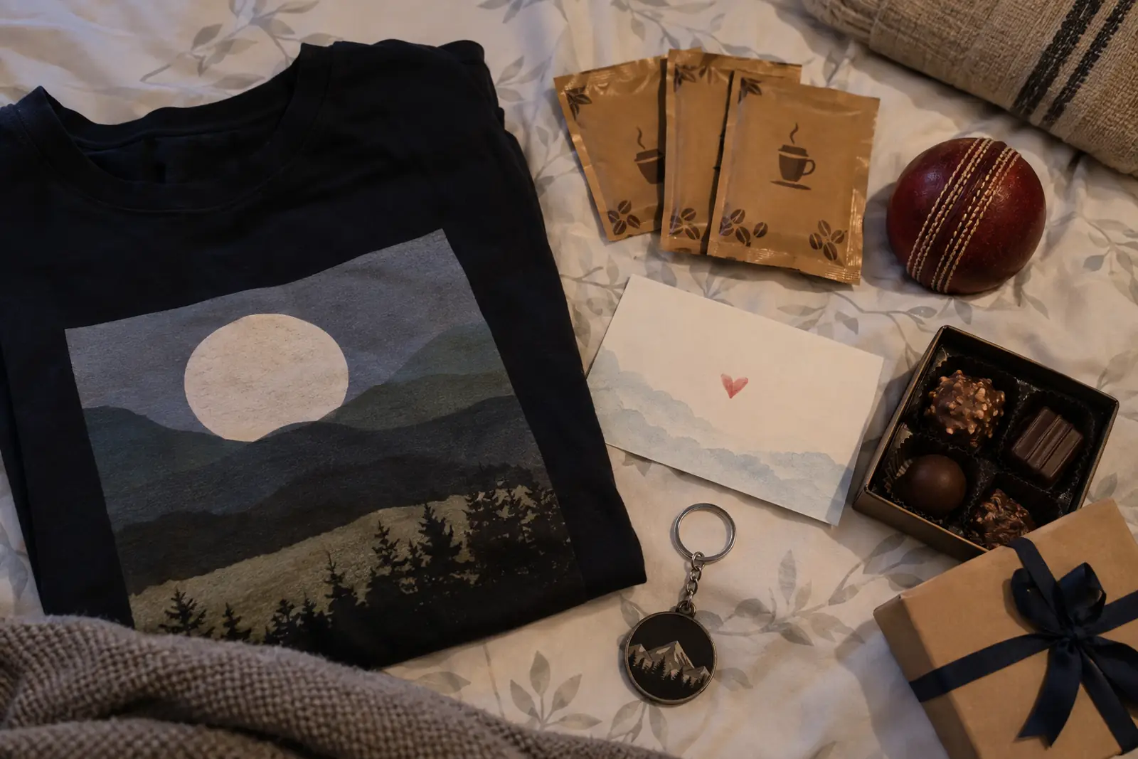 Flat-lay of small gifts for a boyfriend on a bed: a graphic t-shirt, coffee sachets, a cricket ball, a keychain and a card