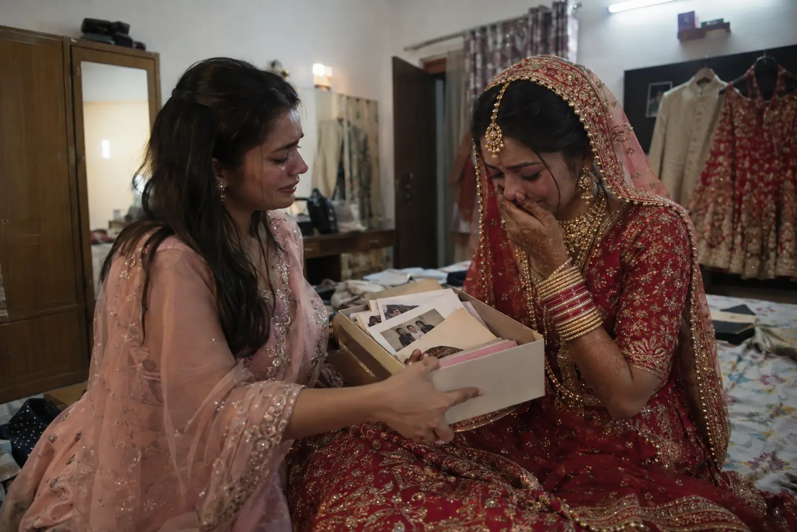 An older sister gives a teary bride a box of letters and old photos with wedding outfits hanging behind them