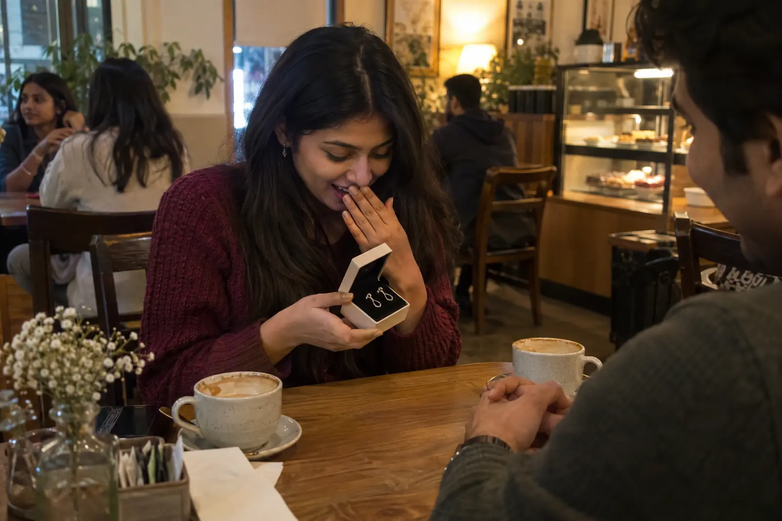 A young woman at a cafe table opens a small box of silver earrings as her boyfriend watches