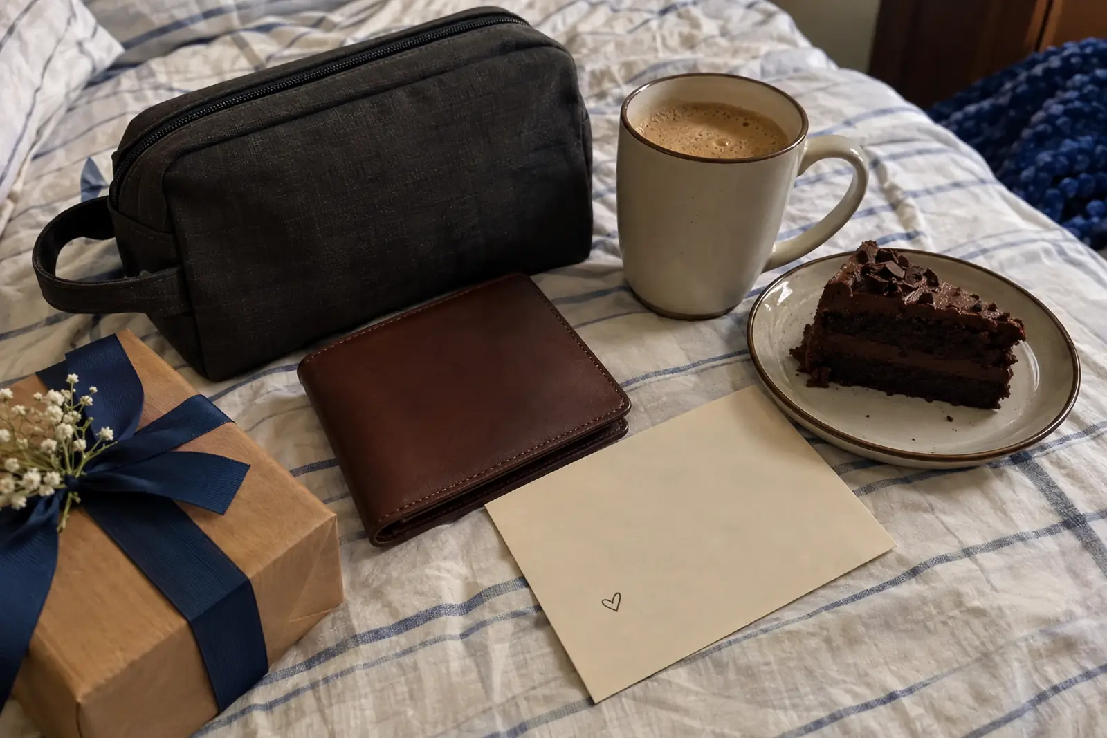 Flat-lay of small gifts for a husband on a bed: a grooming pouch, a wallet, a coffee mug, a note and a slice of cake