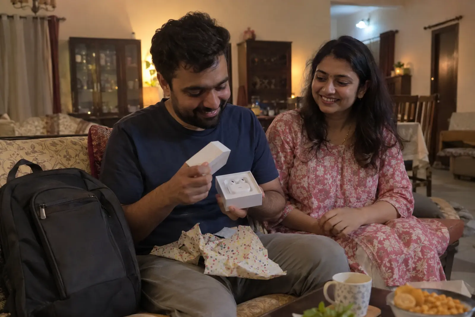 A husband opens a gift box with wireless earbuds, a new backpack beside him, as his wife smiles