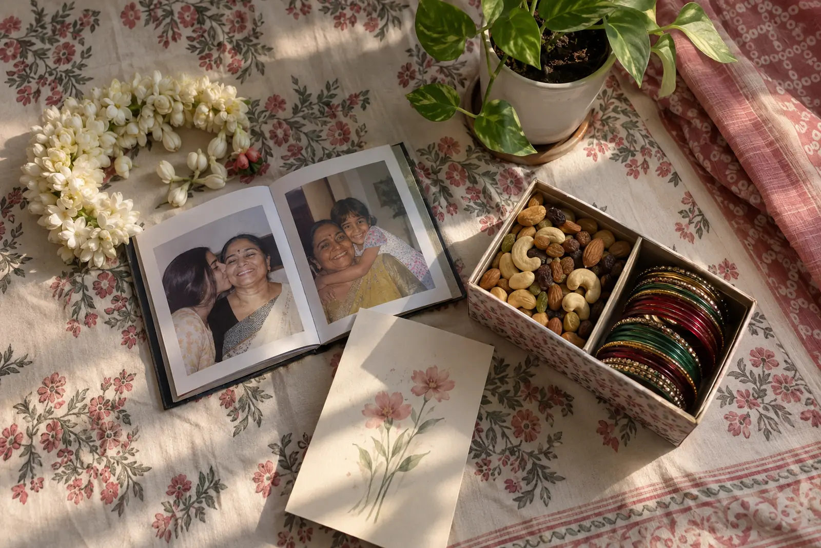 Flat-lay of small gifts for a mother on a block-print bedsheet: a gajra, a photo book, a card, a plant, dry fruits and bangles
