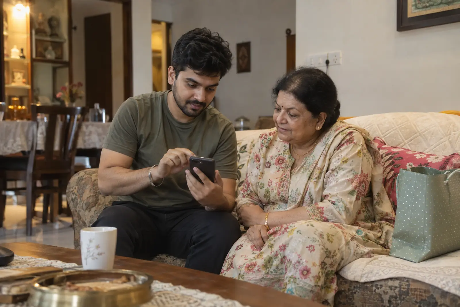 A son sits beside his mother on the sofa setting up her phone with large text
