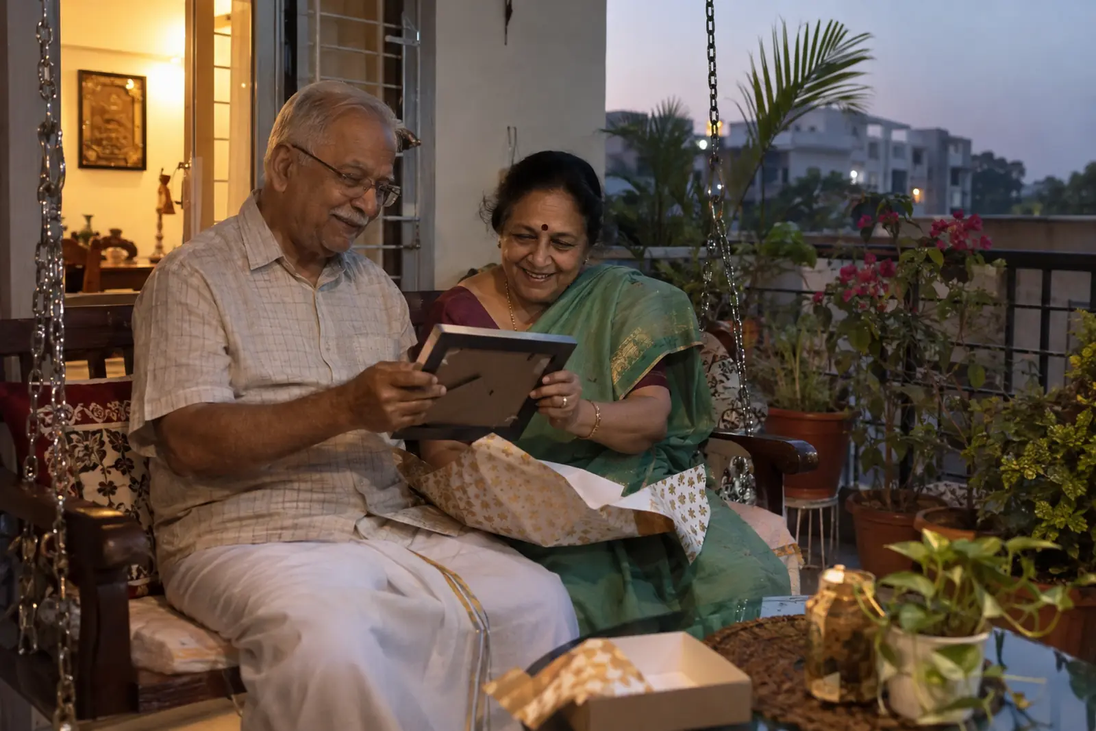 Elderly parents on a balcony swing open a small gift together, a framed photo inside
