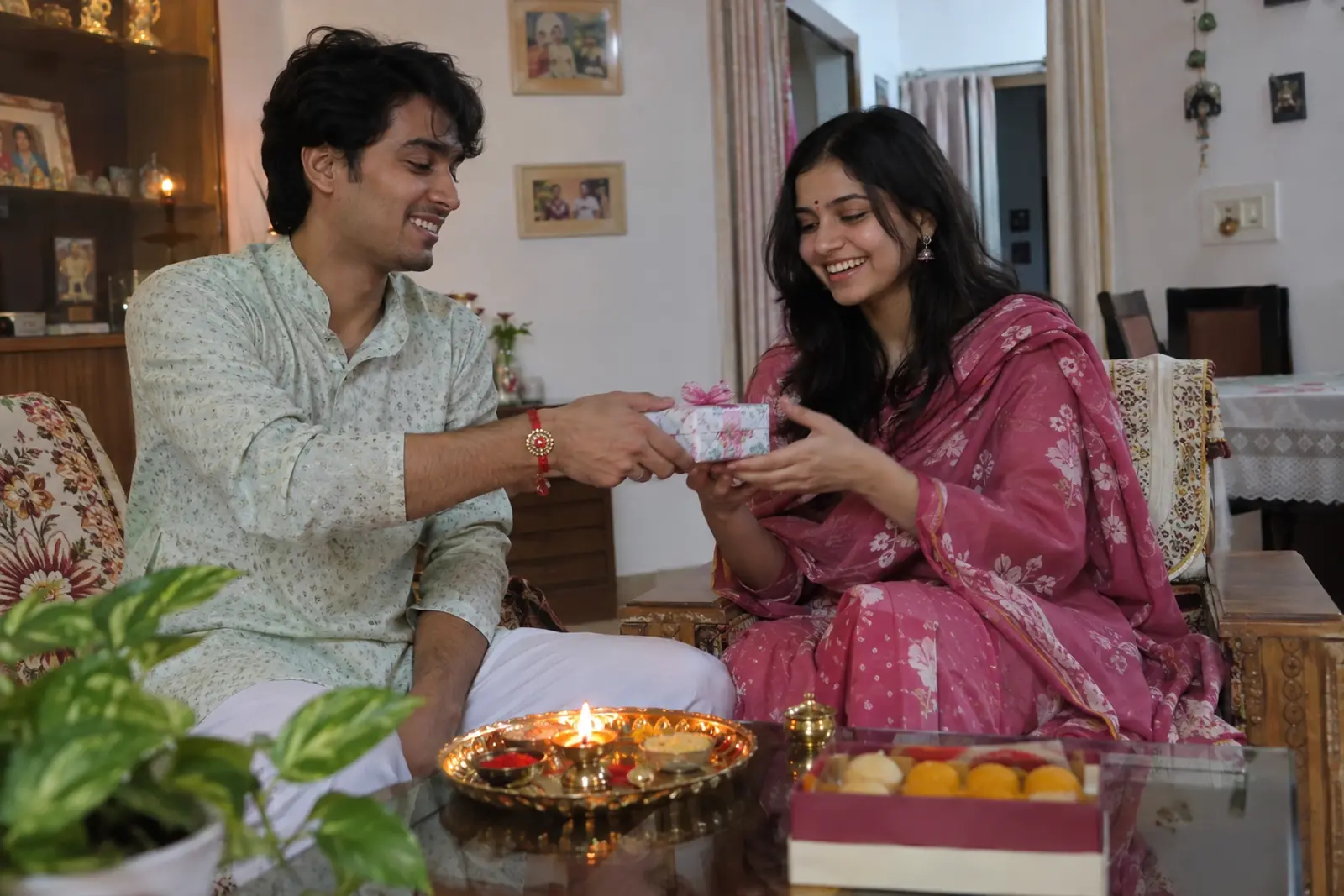 A brother hands his sister a small wrapped gift on Raksha Bandhan beside a rakhi thali