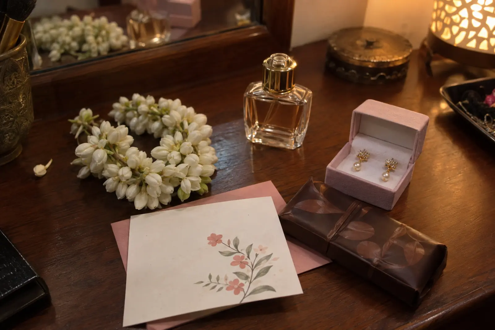 Flat-lay of small gifts for a wife on a dressing table: a gajra, a perfume bottle, chocolate, a card and an earring box