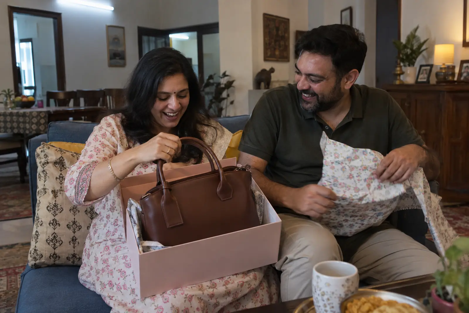 A woman opens a gift box with a leather handbag inside as her husband holds the wrapping paper