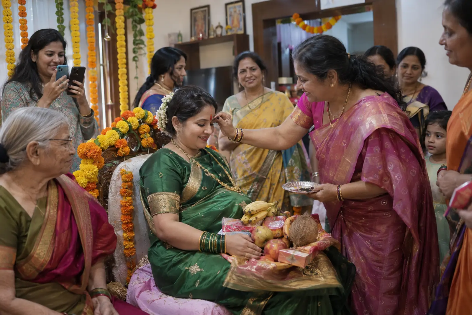 Elders fill a pregnant woman's lap with fruit and a coconut at her godh bharai as she sits in a green silk saree