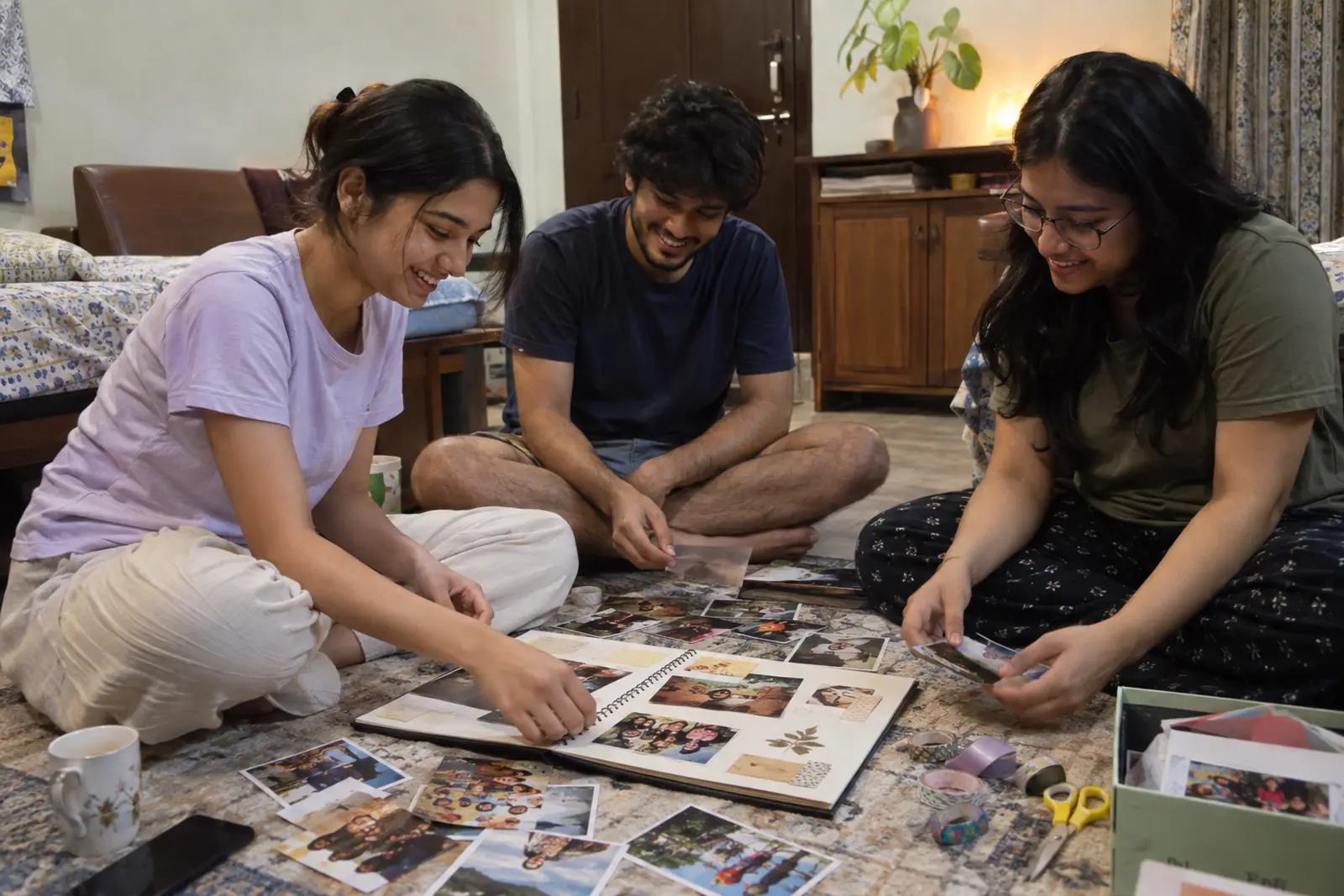 Three friends sit on the floor making a scrapbook together with printed photos spread around them