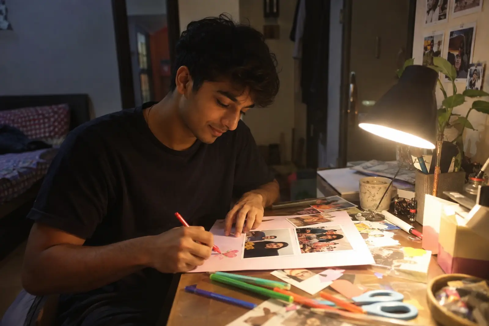 A young man makes a handmade card with printed photos and coloured pens at his desk at night