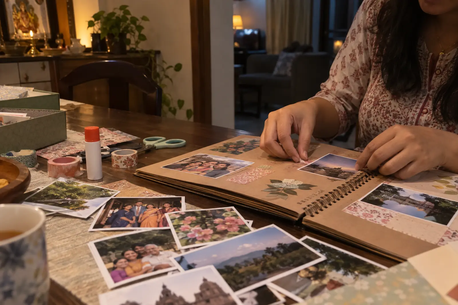 A woman makes a scrapbook at the dining table at night with printed photos, glue and washi tape