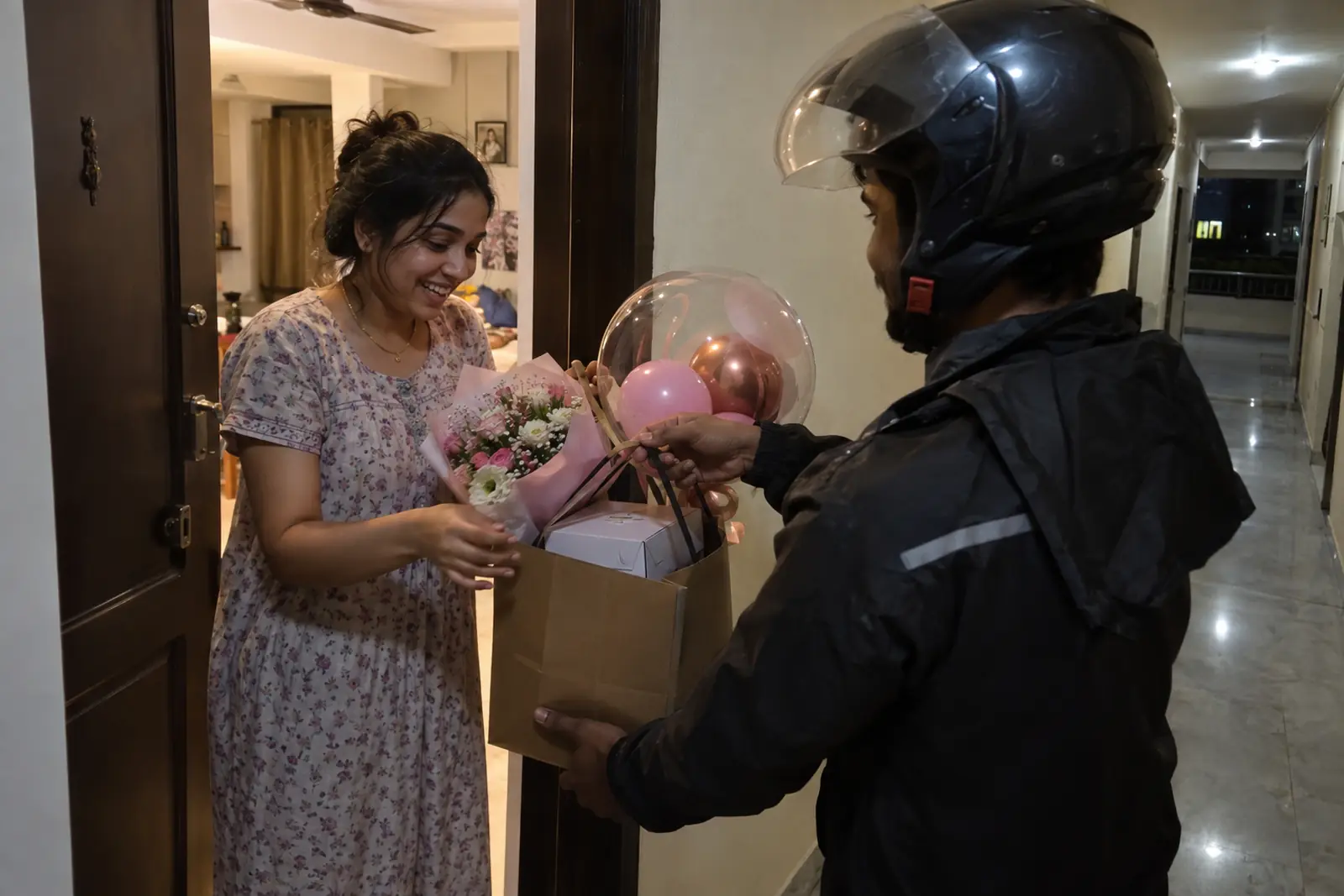 At an apartment door at night a woman receives a cake box, flowers and a balloon kit from a delivery rider