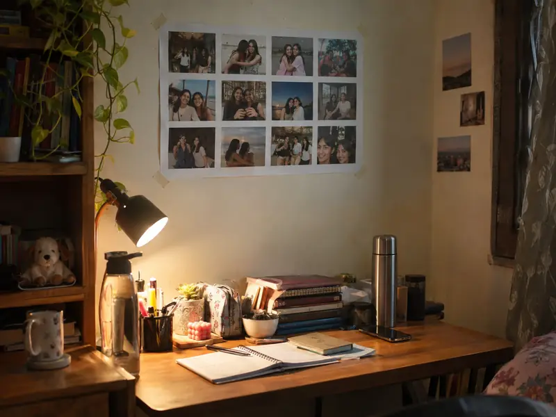 A photo collage for the wall above his desk